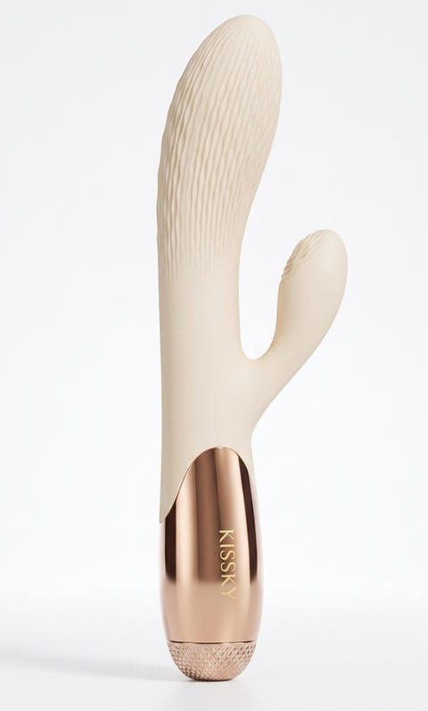 A cactus-shaped personal massager with a textured cream silicone body and a metallic rose gold base, standing upright on a light gray background.