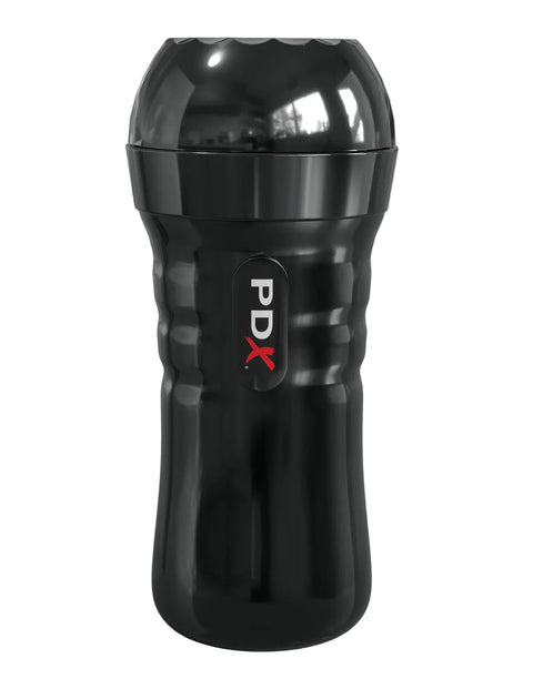 Black textured water bottle with PDX logo on a white background