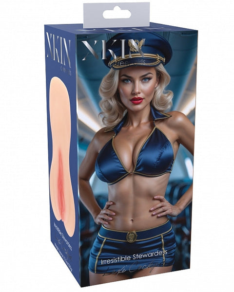 Product packaging for a costume with a model wearing a blue stewardess outfit on a white background