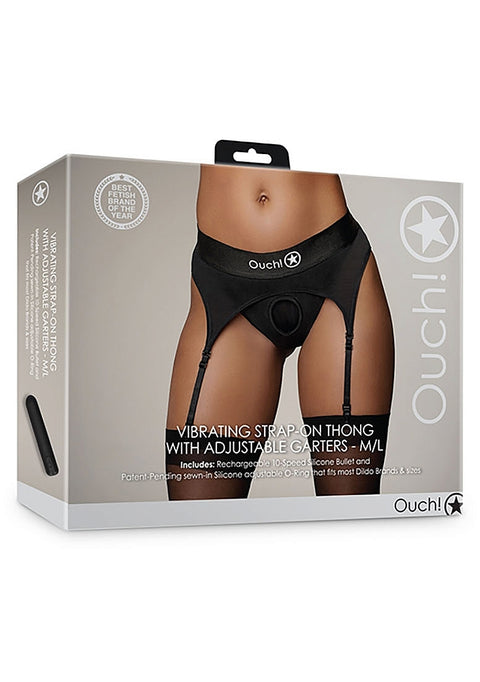 Ouch Vibrating Strap On Thong with Adjustable Garters - Black M/L