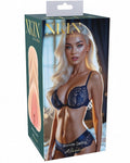 NINN lingerie packaging with a model wearing a blue lace bra and panties on a white background
