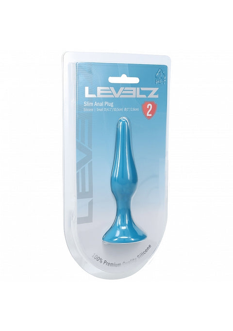 Blue anal plug in Levelz packaging on a white background