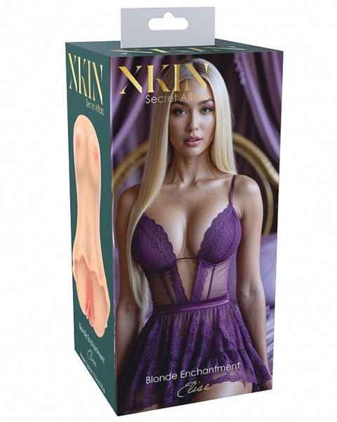 Box of a lingerie product with a model wearing a purple dress on a white background