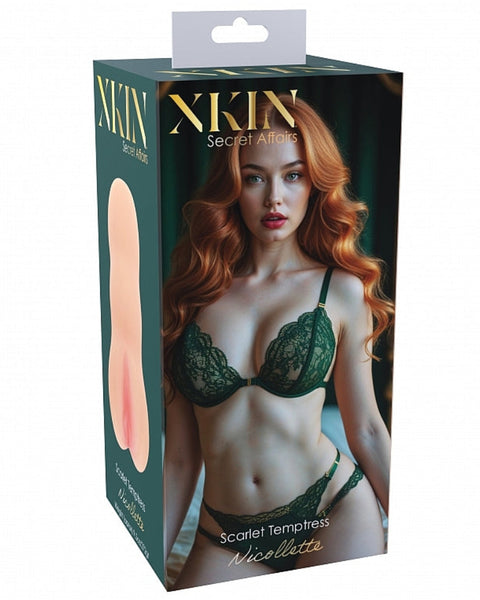 Xkin lingerie packaging with a model wearing a green bra on a white background