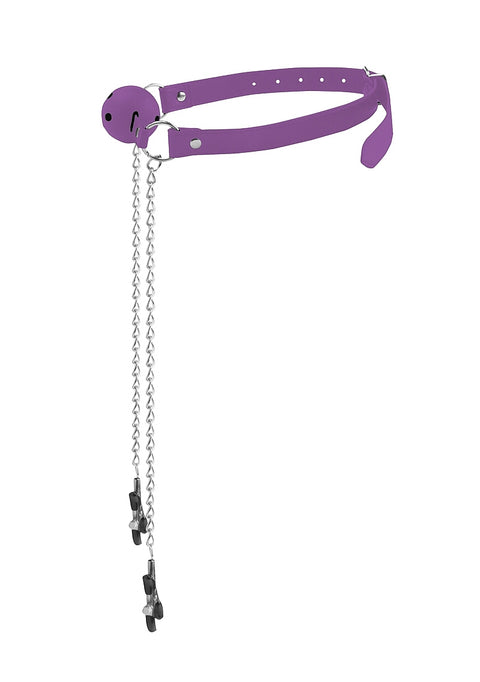 Ouch Ball Gag with nipple Clamps Purple