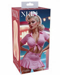 Product packaging with a model wearing a pink outfit on a white background