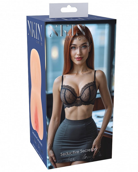 Product packaging for a lingerie set with a model on a white background