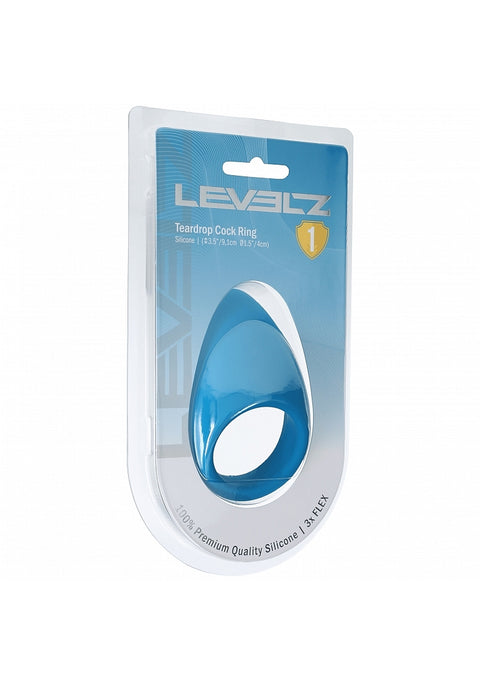 Blue teardrop-shaped cock ring in Levelz packaging on a white background