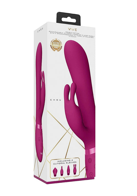Vive Chou Rechargeable Vibrating Silicone Rabbit with Interchangeable Clitoral Sleeves - Pink