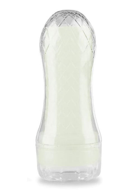 A clear, textured silicone personal lubricant bottle with a faceted, diamond-patterned top and base, shown on a solid white background.