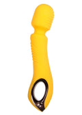 A yellow silicone personal massager with a textured head and a black metallic ergonomic handle, shown against a plain white background.
